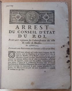 Arrêt du Conseil d'Etat portant règlement sur l'administration de la communauté indivise du Val et de la Ville de Munster (29 juillet 1774) – fonds SCHERLEN